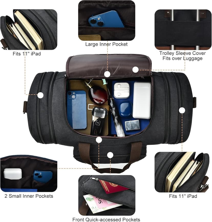 Litvyak Duffle Bag for Travel, 50L Canvas Travel Duffel Bags Overnight Weekend Gym Carry On Luggage Bag for Men & Women(Black)