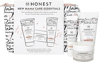 The Honest Company New Mama Care Essentials Gift Set | Hospital Bag Must Haves | Travel Size Nip Balm (0.5 oz), Glow On Body Cream (1 oz), Gotta Glow Face Wash (1.75 fl oz), Reusable Pouch