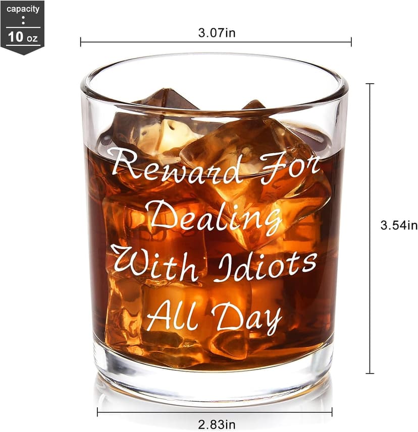 Futtumy Reward For Dealing With Idiots All Day Whiskey Glass, Funny Gifts for Men Coworker Friend Husband Boss Him, Novelty Old Fashioned Glass for Christmas Fathers Day Bosses Day Birthday, 10 oz