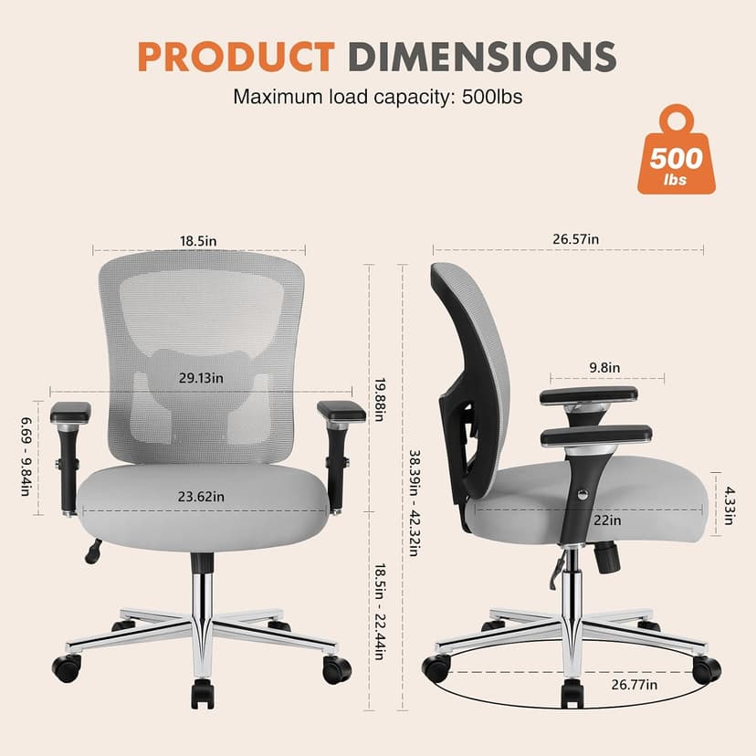 Sweetcrispy Big and Tall Office Desk Chair with Lumbar Support, 500lbs Heavy Duty Mesh Ergonomic Computer Chair with 4D Armrest and Wide Comfy Seat, 360° Swivel Wheels for Adult, Grey