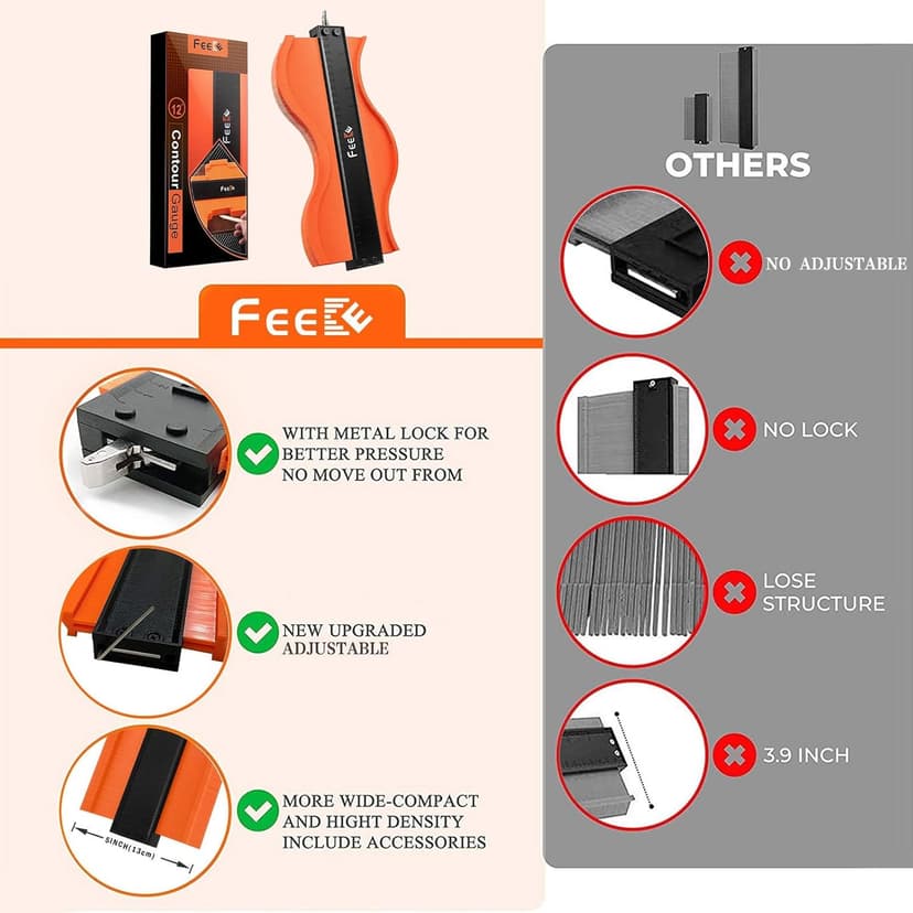 Contour Gauge (12 Inch) with Lock Profile Tool, Christmas Gifts for Men Dad Husband Him Super Contour Duplicator Men Gifts Woodworking Tools Carpenter Tools Construction Outline Angle Measuring Tool