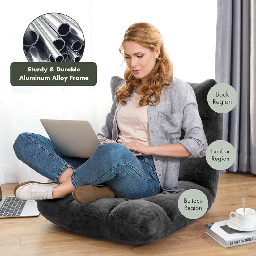 S AFSTAR Cushioned Floor Chair, 14-Position Adjustable Padded Lazy Recliner with Comfortable Back Support and Skin-Friendly Cover, Great for Reading, Playing Game, Meditating (Mysterious Black)