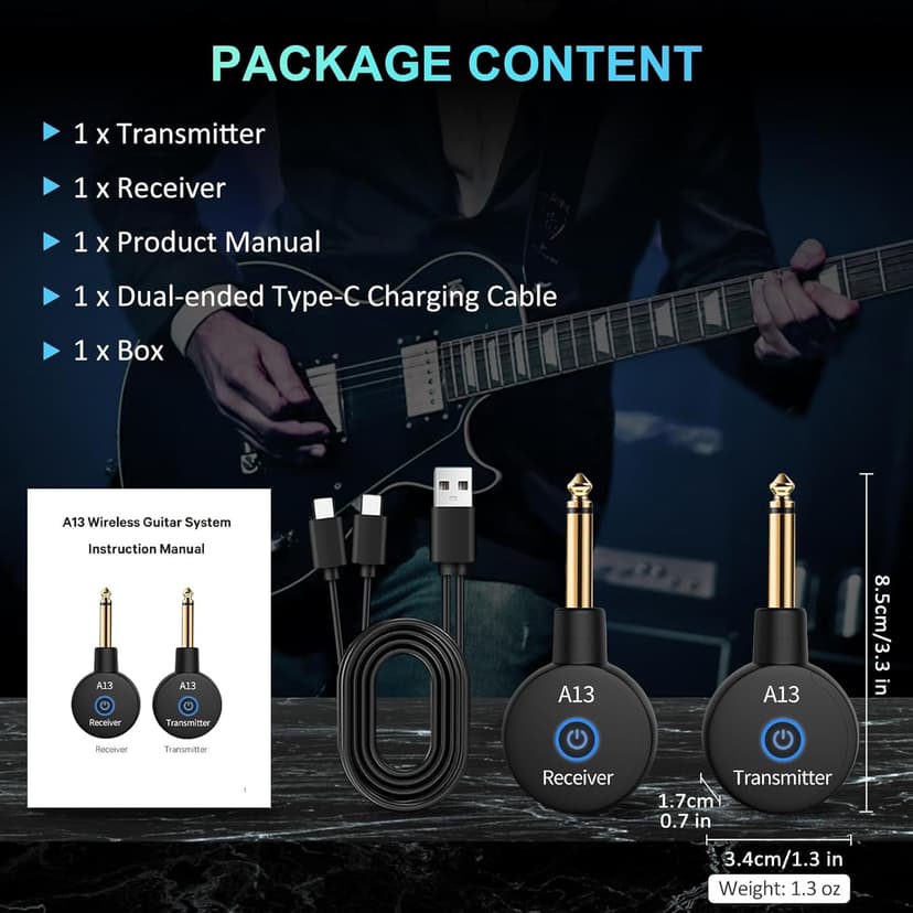 A13 Wireless Guitar Transmitters Receivers, Wireless Guitar/Bass/Keyboard System, 2.4GHz Guitar Accessories, No Latency, 100ft Range, Rechargeable 5-Hour Battery, Plug & Play (1TX+1RX)