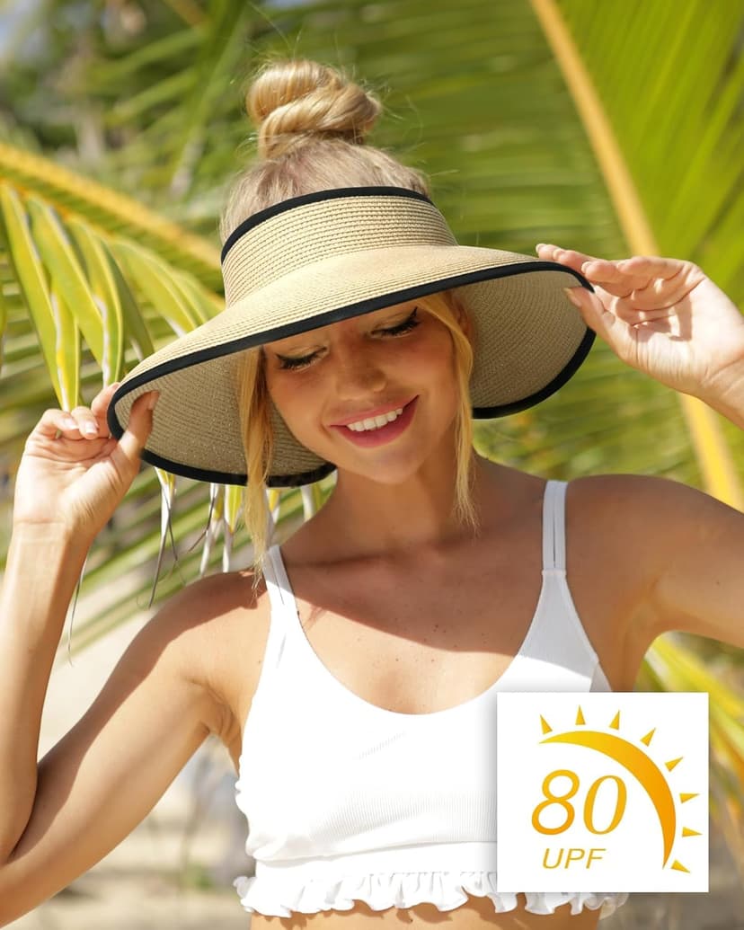 Camptrace Sun Visors for Women Wide Brim Beach Hat Foldable Straw Visor Hat Ponytail Summer Packable UPF 50+