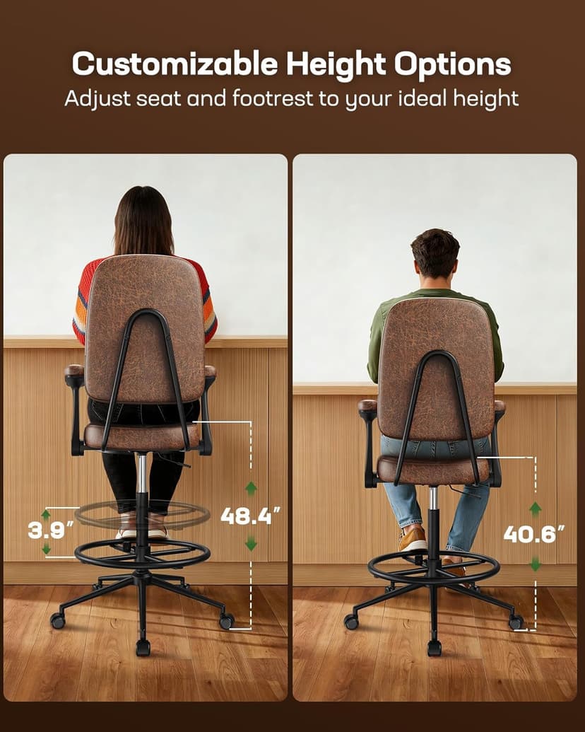 Marsail Drafting Chair with Flip-Up Armrests and Footrest, Ergonomic Tall Office Chair, Height Adjustable High Chair, Brown Leather Seat with Thick Cushion, 360° Swivel, for Standing Desk, Home Office