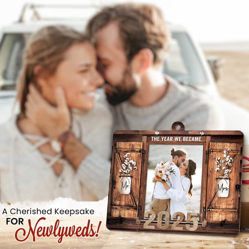 Personalized Wedding Gifts for Couples 2025 - Marriage Customized Wood Ornaments with Photos, Bridal Shower Gifts for Bride, Mr and Mrs Engagement Gift, Personalized Picture Frame