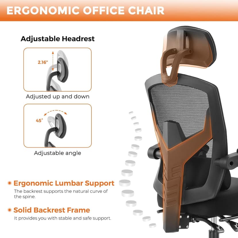 Sweetcrispy Office Computer Desk Chair, Ergonomic High-Back Mesh Rolling Work Swivel Chairs with Wheels, Comfortable Lumbar Support, Comfy Arms for Home, Bedroom, Study, Student, Black