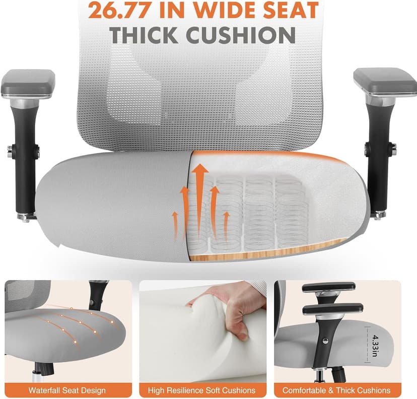 Sweetcrispy Big and Tall Office Desk Chair with Lumbar Support, 500lbs Heavy Duty Mesh Ergonomic Computer Chair with 4D Armrest and Wide Comfy Seat, 360° Swivel Wheels for Adult, Grey