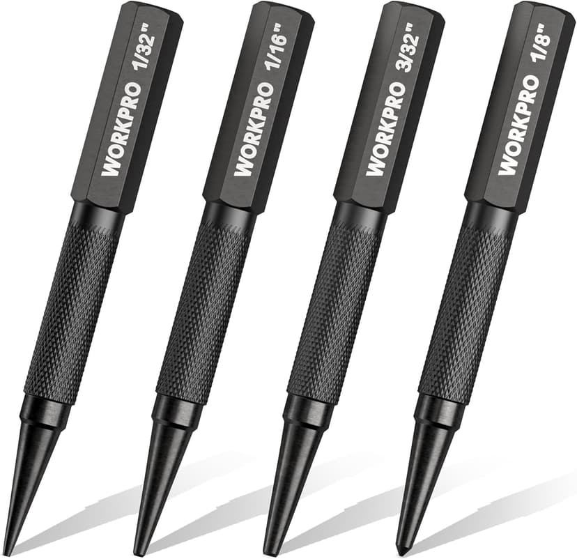 WORKPRO 4-Piece Nail Punch and Center Punch Set, Hardened Cr-V Steel with Knurled Grip,1/32", 1/16", 3/32" Nail Setter & 1/32" Center Punch Tool