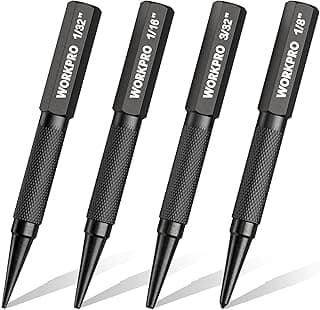 WORKPRO 4-Piece Nail Punch and Center Punch Set, Hardened Cr-V Steel with Knurled Grip,1/32", 1/16", 3/32" Nail Setter & 1/32" Center Punch Tool