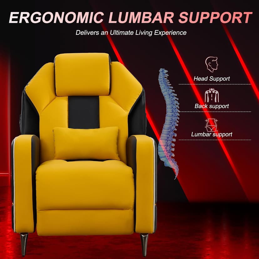 URRED Gaming Recliner Chair with LED Lights, Ergonomic Video Game Reclining Chair with Footrest, Lumbar Pillow, Side Pocket, Home Theater Recliner for Living Room, Bedroom, Gaming Room (Yellow)