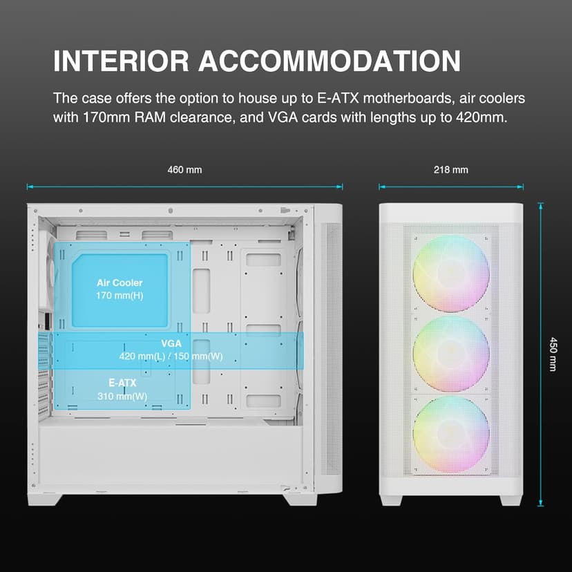 GAMDIAS White ATX Mid Tower Computer Case Tempered Glass, Gaming PC Case Support Dual 360mm AIO/Radiator, 7x120mm Case Fans (4X 120mm Built-in), 420mm GPU/VGA, USB3.0X 2, Type C x1, 170mm CPU Cooler