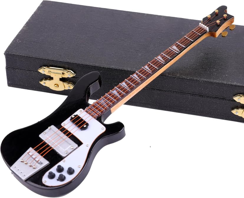 Dselvgvu Wooden Miniature Electric Bass Guitar with Stand and Case Mini Musical Instrument Electric Bass Guitar Replica Collectible Figurines Model Home Decoration Birthday Gifts (7.87"x2.36"x0.35")