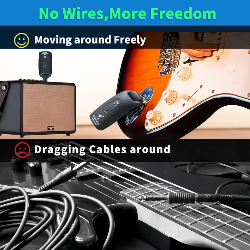 A9 Wireless Guitar System - 2.4GHz Guitar Accessories Transmitter Receiver, 24-bit 48KHz Audio, 100ft Range, No Latency, 4-Hour Rechargeable Battery, for Electric Bass (Black(1TX+1RX))