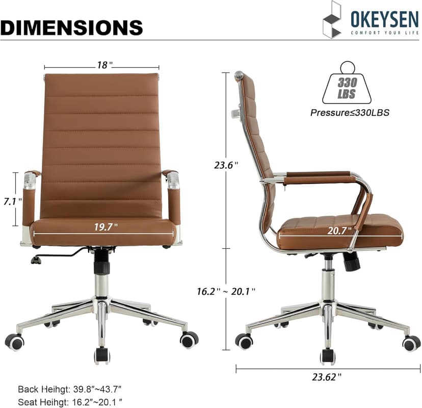 Okeysen Office Desk Chair, Ergonomic Leather Modern Conference Room Chairs, Executive Ribbed Height Adjustable Swivel Rolling Chair for Home Office. (Brown)