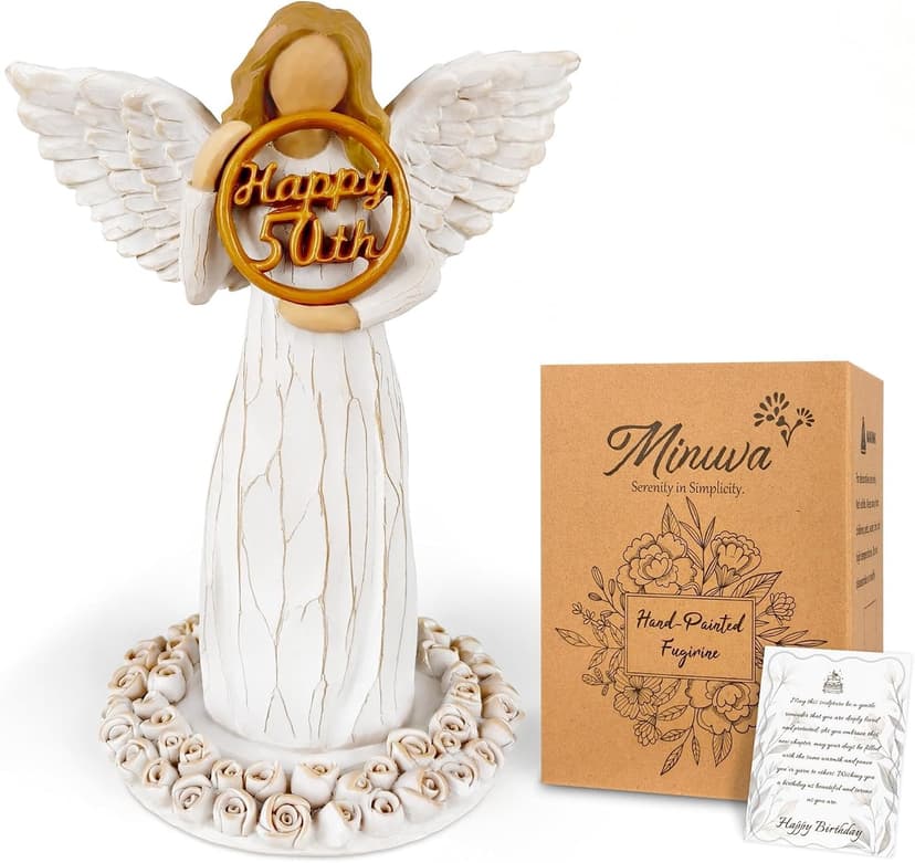 Hand-Painted Resin Angel Figurine with Rose Base, Milestone Birthday Gift for Mom Grandma Wife Sister 50th Birthday Gifts for Women - Replaceable 60th, 70th, 80th Age Plates B0H8CG1828