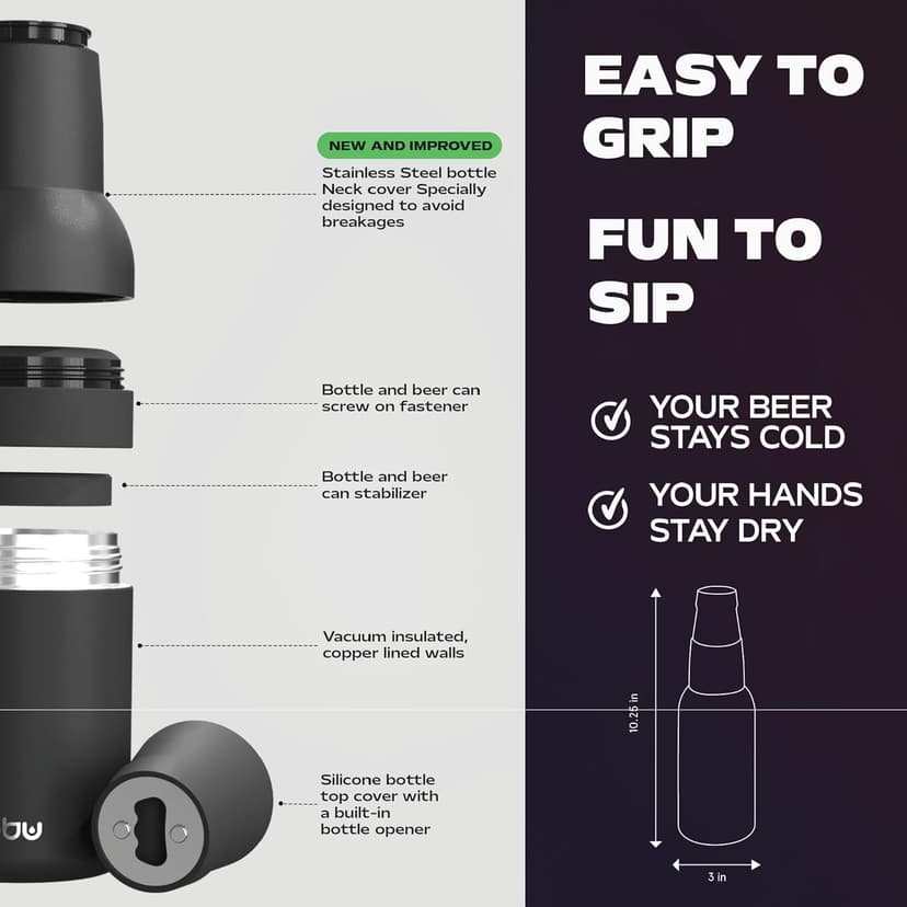 Asobu Frosty Beer Holder,2 Go Vacuum Insulated Double Walled Stainless Steel Beer Can and Bottle Cooler with Beer Opener, Bpa Free, Fits Standard 12oz, Ice Cold for Hours, Great Gift for Beer Lovers