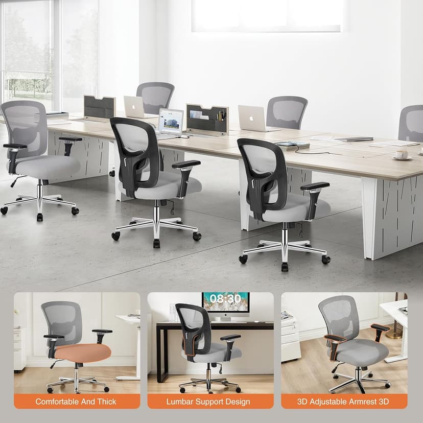 Sweetcrispy Big and Tall Office Desk Chair with Lumbar Support, 500lbs Heavy Duty Mesh Ergonomic Computer Chair with 4D Armrest and Wide Comfy Seat, 360° Swivel Wheels for Adult, Grey