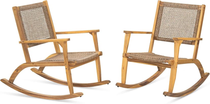 Acacia Wood Outdoor Rocking Chair Set of 2, Natural Wicker Outdoor Rockers with Wicker Rattan Seat & Backrest, 400 lbs Capacity Heavy Duty Rocker for Garden, Backyard & Balcony (Natural)
