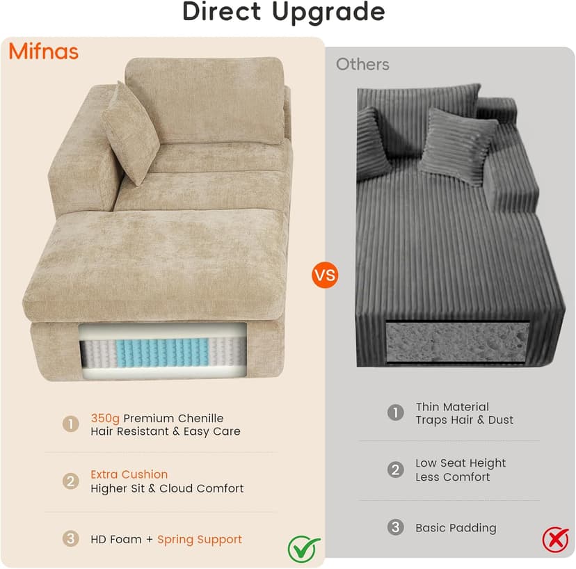 80.7" Oversized Double Chaise Lounge Chair Indoor, Cloud Boneless Sleeper Sofa Bed with 4 Pillows, Extra Deep Seat Cozy Loveseat Couch for Living Room Bedroom, No Assembly Required (Khaki)