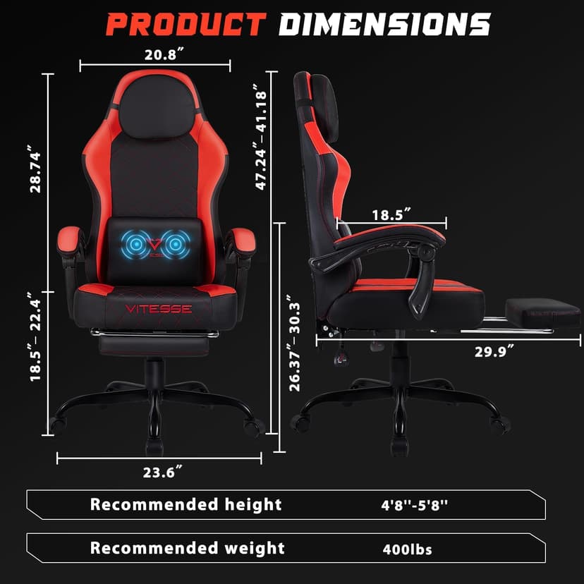 VITESSE Ergonomic Video Gaming Chair for Adults, 400 lbs PC Computer Chair, Racing Office Chair, Silla Gamer Height Adjustable Swivel Chair with Lumbar Vibration Support and Headrest(Red)