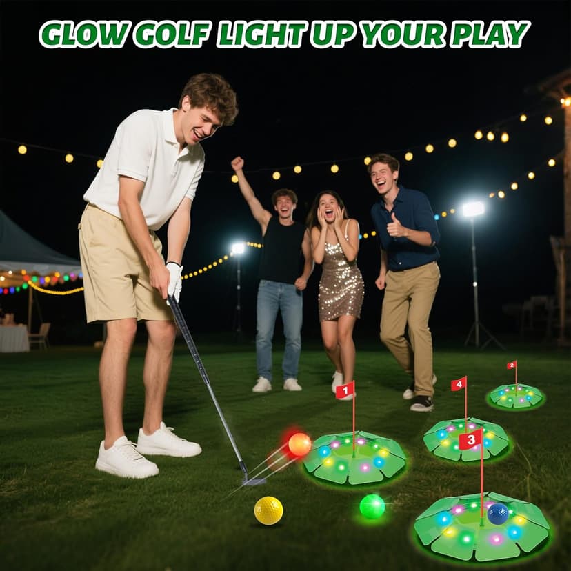 VATOS Light up Golf Putting Game Set - Glow Mini Golf Toy with 4 LED Holes, 4 Balls(2 Glow), Extendable Putter,Build Your Own Course at Home Indoor Outdoor Family Fun Golf Gifts for Kids Adults Golfer