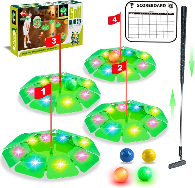 VATOS Light up Golf Putting Game Set - Glow Mini Golf Toy with 4 LED Holes, 4 Balls(2 Glow), Extendable Putter,Build Your Own Course at Home Indoor Outdoor Family Fun Golf Gifts for Kids Adults Golfer