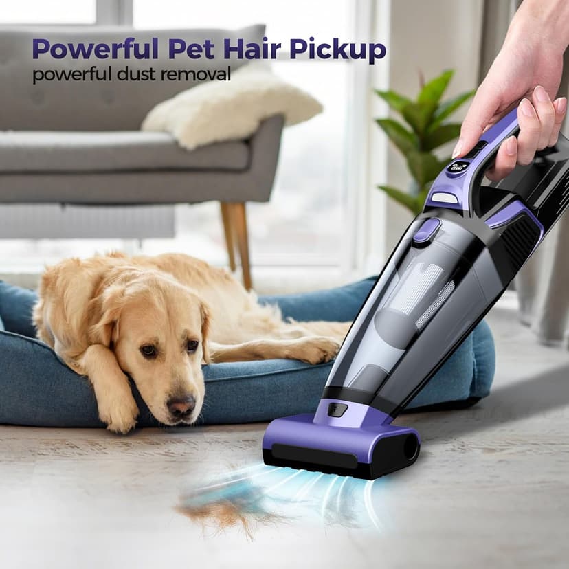 Pet Hair Handheld Vacuum Cordless: 20000PA High Power Car Vacuum with Motorized Brush and LED Light, Rechargeable Hand Held Vacuum Cleaner with Reusable Filter for Car, Home, Office & Pet, Purple