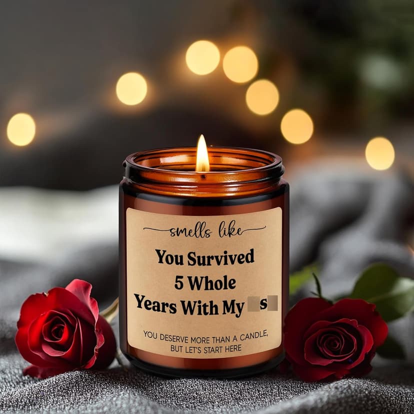 LEADO 5th Wedding Anniversary Candle - 5 Year Marriage Wood Themed Gifts for Husband Wife, 5 Year Anniversary Candle Gifts for Him Her - 5th Anniv. Funny Present for Couple, Women, Men, BF, GF