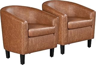 Yaheetech Brown Accent Chairs Set of 2, Faux Leather Barrel Chairs, Comfy Modern Leather Club Armchairs with Soft Seat for Living Room Bedroom Reading Waiting Room