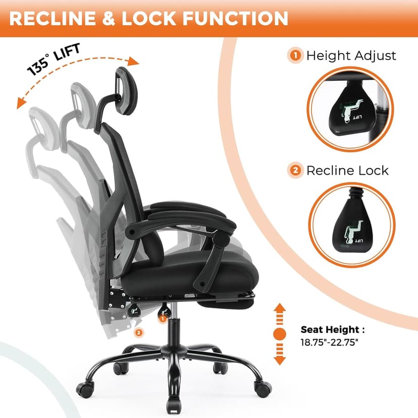 Sweetcrispy Office Computer Desk Chair, Ergonomic High-Back Mesh Rolling Work Swivel Chairs with Wheels, Comfortable Lumbar Support, Comfy Arms for Home, Bedroom, Study, Student, Black