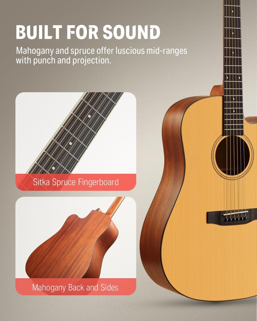 Donner 41” Acoustic Guitar Bundle for Beginners Adults with Online Lesson, 4/4 Full Size Steel Acustica Guitarra with Gig Bag, Tuner, Strap, Strings, Picks, Capos, Cutaway, Natural, DAG-1C/DAD-110C