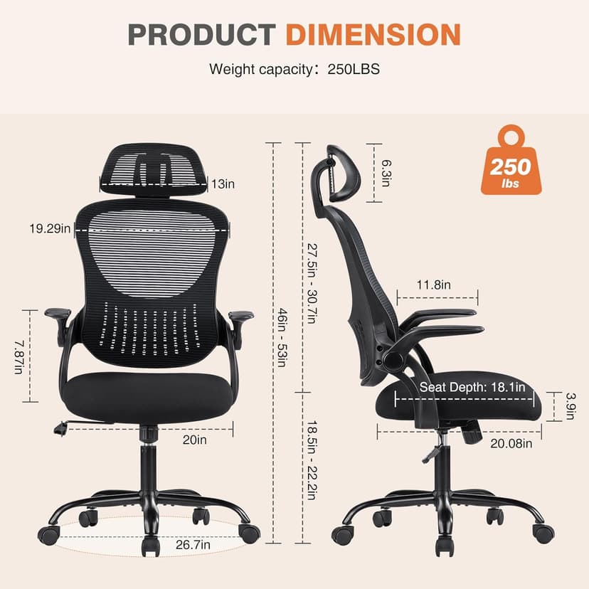 Sweetcrispy Home Office Managerial Executive Chair, High-Back Mesh with Adjustable Headrest, Flip-up Armrest Comfortable Lumbar Support, Comfy Arms for Bedroom,Study,Student