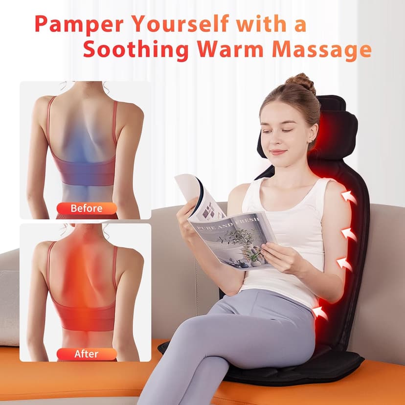 Back Massager with Heat,Vibration Massage Chair Pad with 5 Massage Modes & Adjustable Heat Levels, Memory Foam Back Massager Cushion for Office Chair, or Home Use,Midnight