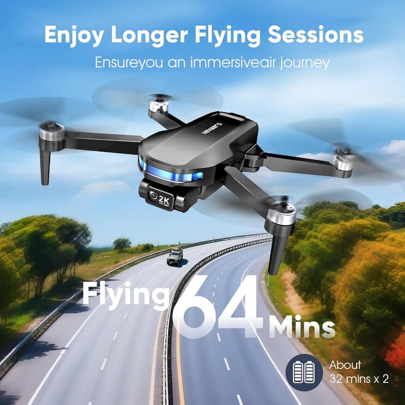 GPS Drone with EIS 2K Camera for Adults, 7.22 inch Screen on Remote Controller, 64 Mins Flight, Long Range Transmission, 3 Speed Adjustable, Follow Me, AI Track, AI Night Shot, Auto Return, Lightweight and Foldable RC Drones for Beginner Toy Gifts, Under 249g