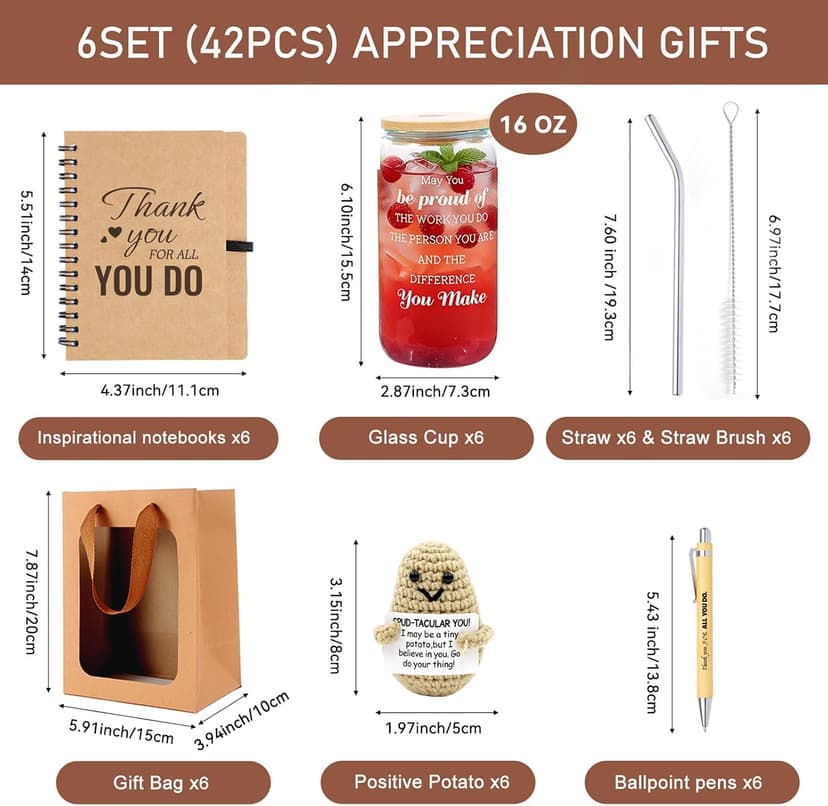 42 Pcs/6 Sets Employee Appreciation Gifts Bulk - Includes 16oz Glass Cups with Bamboo Lid, Positive Crochet, Inspirational Notebooks with Pens, Kraft Paper Gift Bags & Straw - Thank You Gifts for Coworkers, Teachers, Staff & Team B0G5MPS7K6