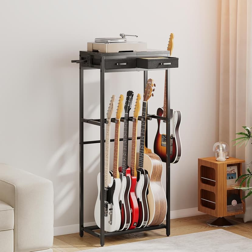 ELYKEN Guitar Stand, Guitar Rack with 2 Hangers and Storage Drawers for Guitar Accessories, Multiple Guitar Holder for Acoustic Electric Guitar, Bass, Ukulele, Instrument, Music Studio, Black