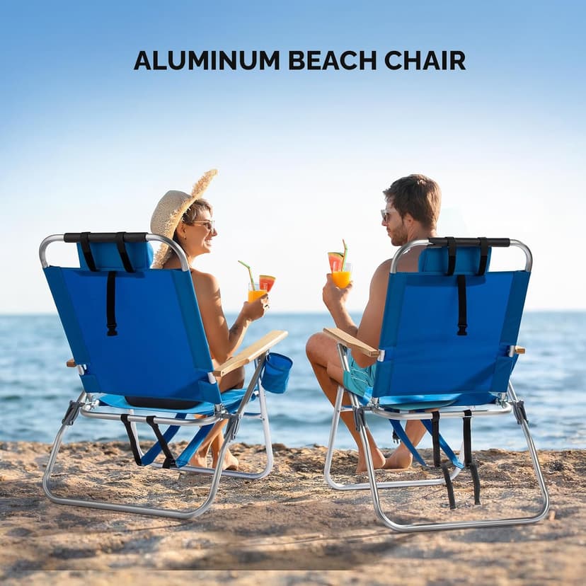 VINGLI 17" Tall Beach Chair, Aluminum Backpack Beach Chairs for Adults, Portable with Adjustable Straps, 3-Position Reclining, Cup Holder, High Lightweight Beach Chairs for Beach