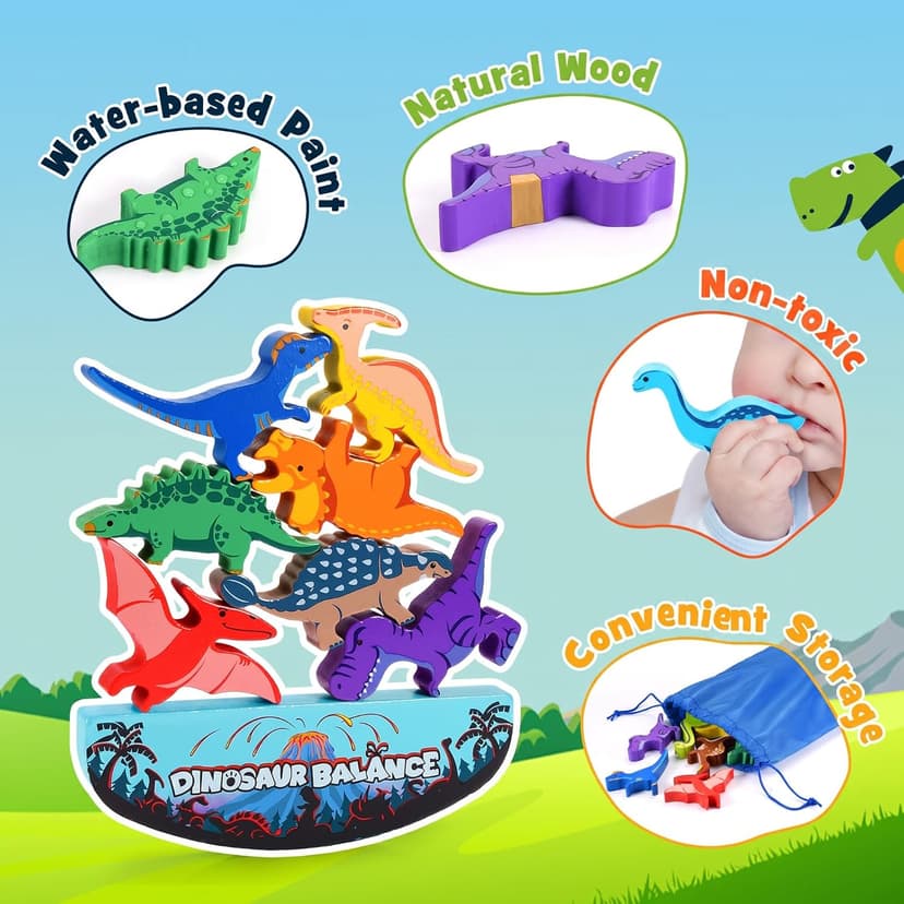 IPOURUP Dinosaur Toys for Kids 3-5: Wooden Stacking Montessori Toys for 3 4 5 6 7 8 Year Old Boys Girls Birthday Gifts for Kid Ages 4-8 Balance Competition Game for Family Stocking Stuffers
