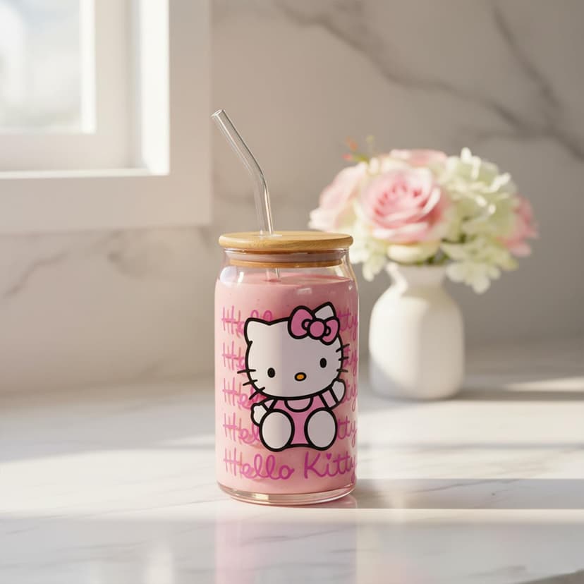 Silver Buffalo Sanrio Hello Kitty Waving Pink Glass Jar Tumbler with Bamboo Lid and Glass Straw, 16 Ounces