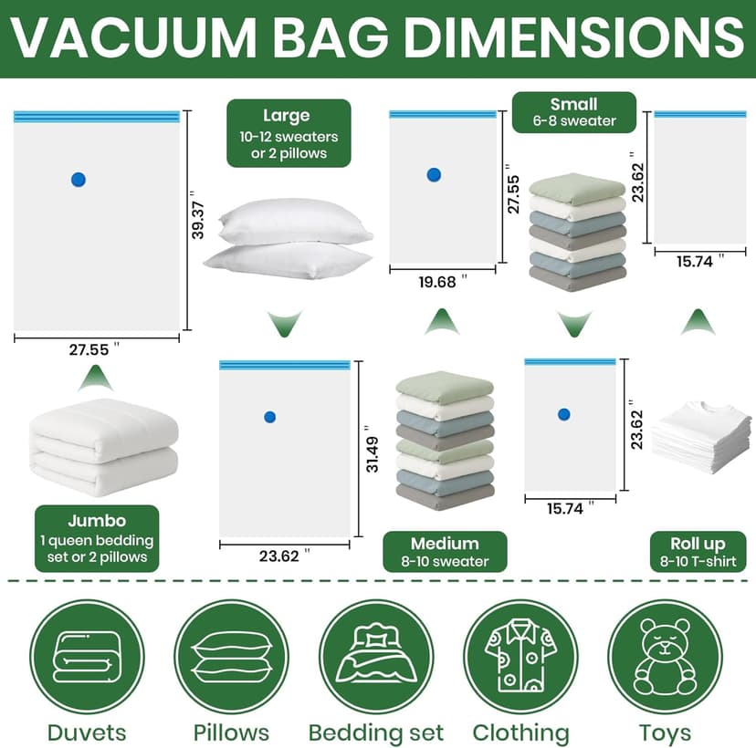 Vacuum Storage Bags,20Pack Vacuum Seal Bags with Electric Air Pump,Vacuumm Seal Bag for Clothing,Travel,Clothes,Comforters,Blankets,Pillows-4 Jumbo+4 Large+4 Medium+4 Small+4 Roll Up Space Saving Bag