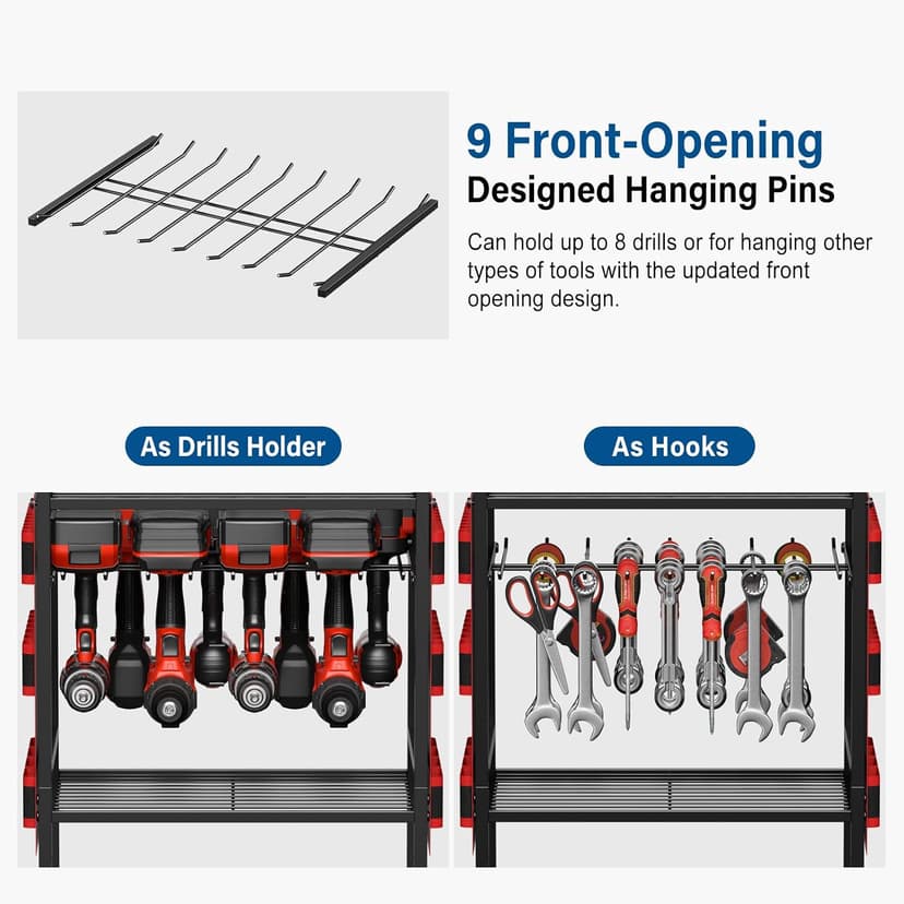 Floor Rolling, Large Tools Storage Cart on Wheels, Heavy Duty Drill Battery Station, Utility Rack Shelf for Garage Workshop JUNNUJ Power Tool Charging Organizer Cart, 8 Outlet 3 USB, 6 FT Cord, Red B0F378R323