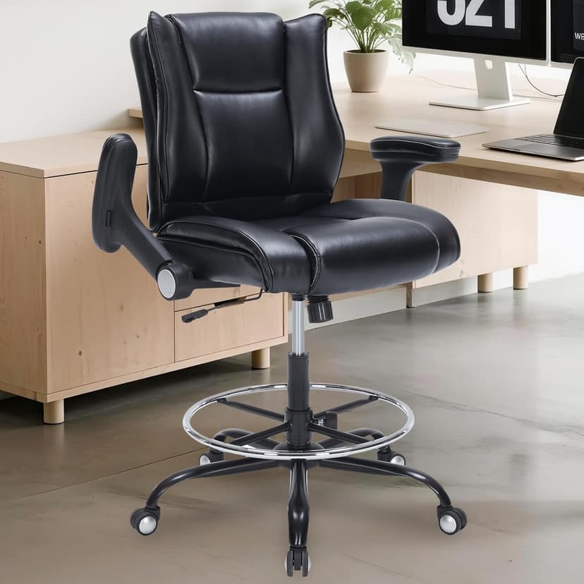 Office Drafting Chair, Tall Desk Chair with Adjustable Armrests and Footrest Ring PU Leather Standing Desk Chair with Extra Thicken Seat Cushion, Comfy High Office Chair for Counter Height Desk, Black