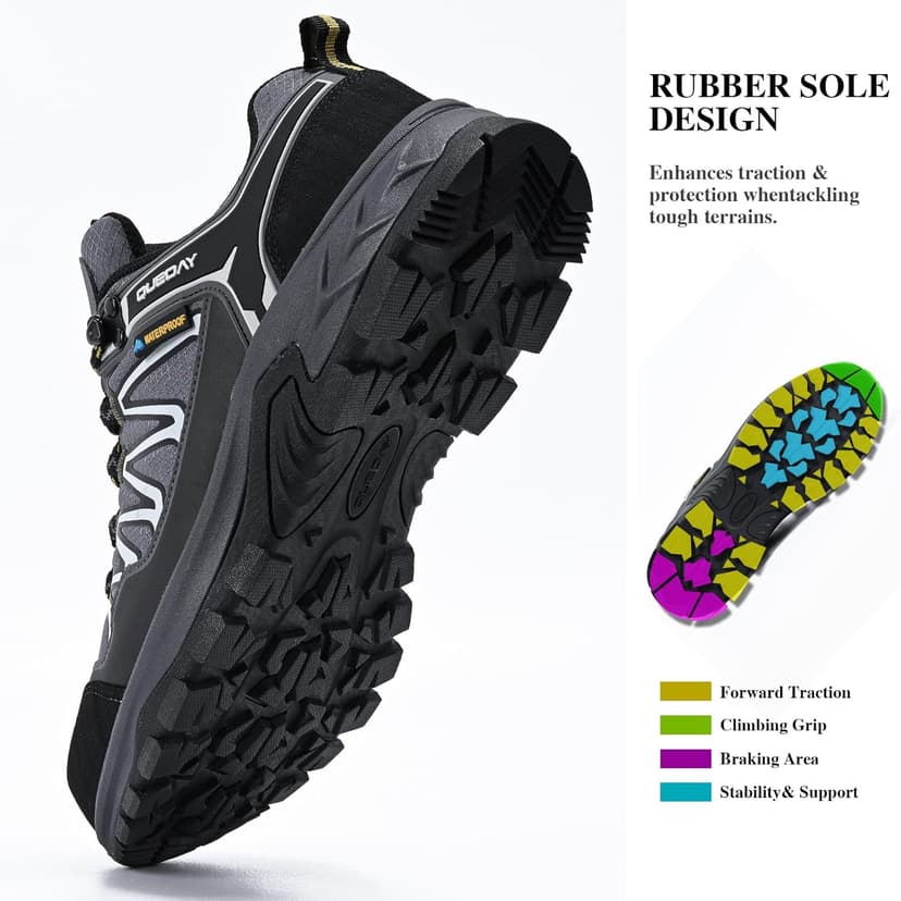 Queday Waterproof Hiking Shoes Mens Lightweight Walking Shoes Daily Hike Trekking Trail Outdoor Camping Climbing