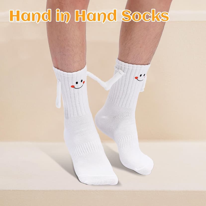 Soft cotton blend, funny 3D holding hands design. Perfect novelty matching socks gift for couples, lovers, and friends. Magnetic Holding Hands Socks for Couples, Cute Novelty Crew Socks B0DJR45VXM