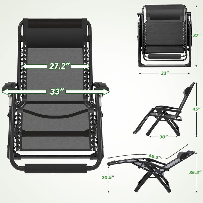 ZENPETIO Oversized Zero Gravity Chair, 33In XXL Zero Gravity Recliner Lounge Chair, Anti Gravity Chair for Indoor and Outdoor, Reclining Camping Chair for Lawn and Patio w/Cushion and Footrest, 500LBS