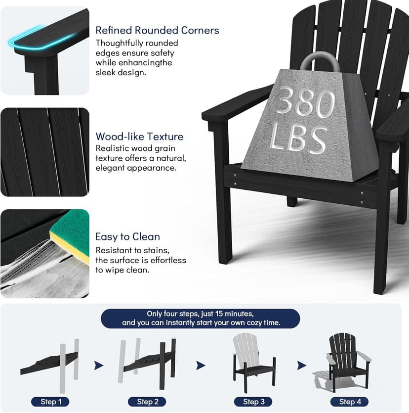 nevilywood Compact Stackable Adirondack Chairs Set of 4, 26.3" Wide HDPE Outdoor Patio Chairs - Durable, Space-Saving Design for Porch, Lawn or Garden, Black