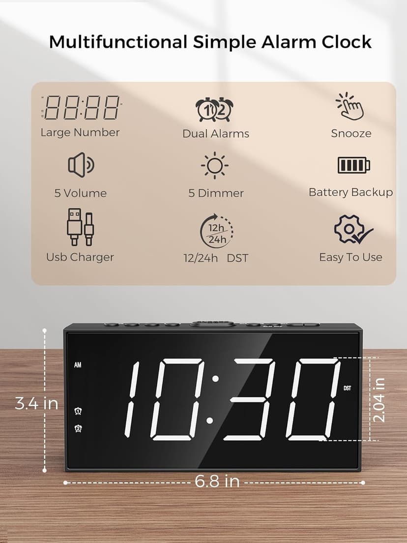 PPLEE Alarm Clock for Bedroom, 2 Alarms Loud LED Big Display Plug in Simple Basic Digital Clock with USB Charging Port, Adjustable Volume, Dimmable, Snooze for Deep Sleepers Kids Elderly Home Office