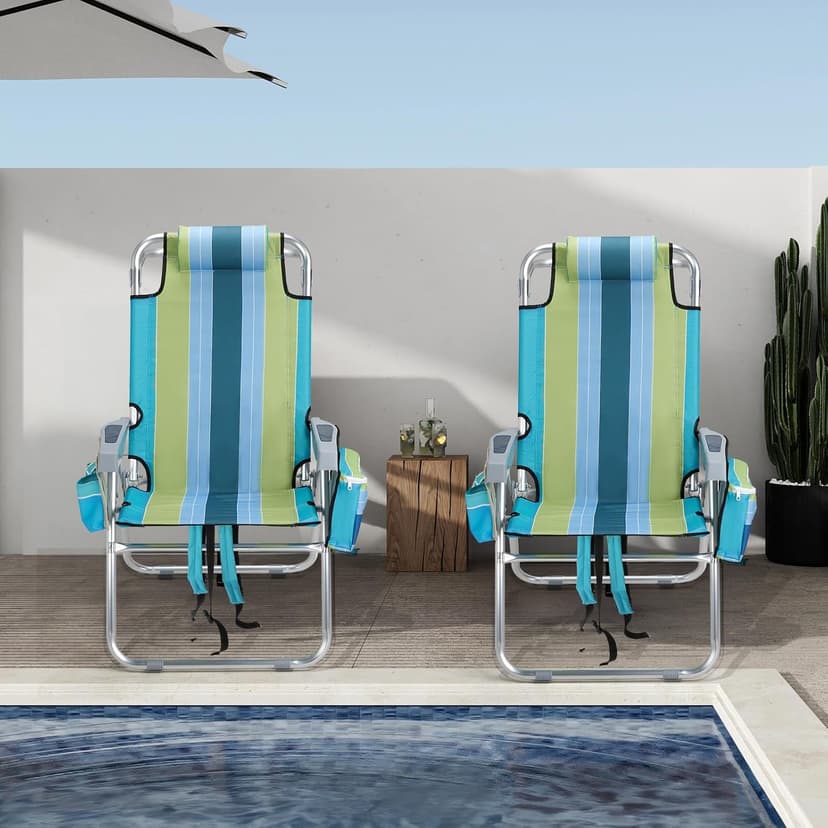 VINGLI Tall Beach Chair 2 Pack Lightweight, Backpack Beach Chair for Adults with 5-Position, Cooler Bag, Cup Holders, Towel Bar, Lightweight Folding Beach Camping Chairs (Blue/Green-16