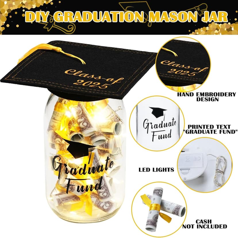 2025 Graduation Gifts for Her/Him- Lighted Graduation Mason Jar Filled with Money & Class of 2025 Cap Kit,Graduation Decorations Class of 2025 Graduation Centerpieces, Money Gift Ideas for Boys Girls